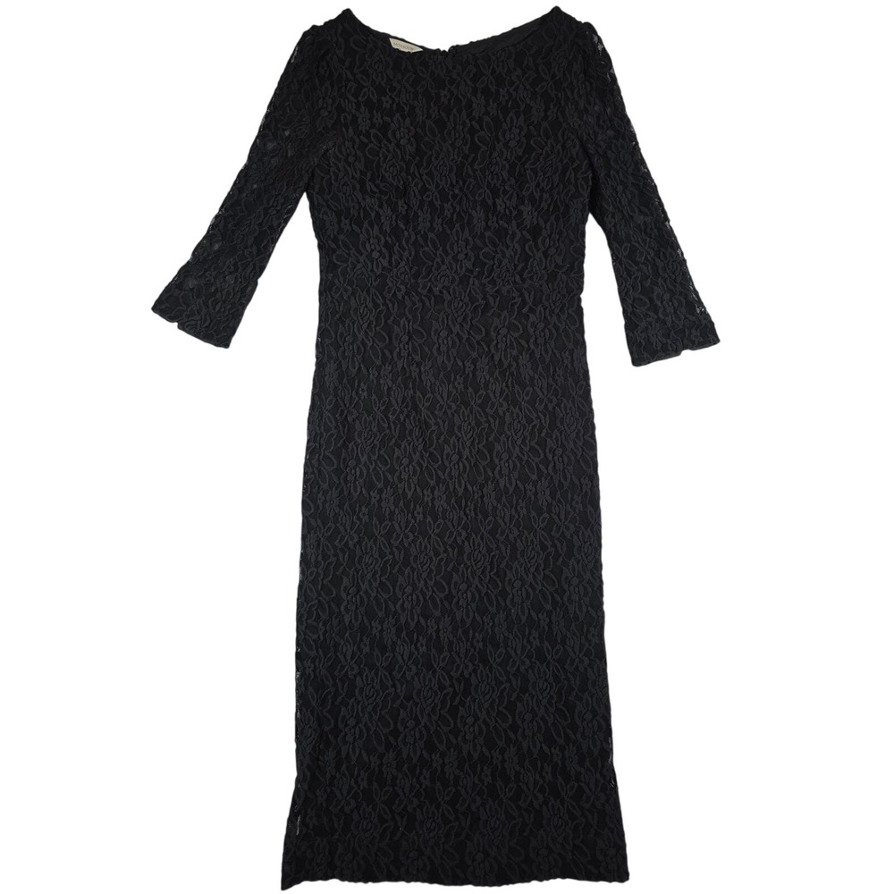 Y2K Floral Lace Midi Dress Sheath 3/4 Sleeve Size 6 Black Vintage Gothic